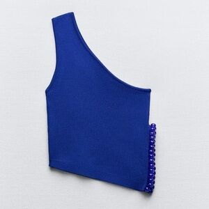 One-Shoulder Blue Knit Top with Beaded Detail